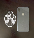 Wolf paw with mountains and full moon. Sticker, wolf paw sticker, wolf paw silhouette sticker, wolf silhouette sticker, paw sticker, wolf howling at full moon sticker