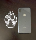 Wolf paw with mountains and full moon. Sticker, wolf paw sticker, wolf paw silhouette sticker, wolf silhouette sticker, paw sticker, wolf howling at full moon sticker