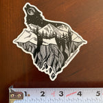 Mt. LEVAtation Sticker : Wolf silhouette on floating island sticker, wolf silhouette sticker, wolf howling sticker, line art sticker, floating island sticker, wolf sticker, mt Eva sticker, wolf silhouette sticker, wolf howling sticker, full moon sticker, vinyl wolf sticker, wolf vinyl sticker, wolf bumper sticker, wolf decal