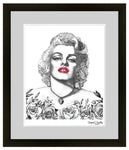 Marilyn Monroe wearing Moon of Baroda diamond caressed by roses, dotwork, stipple, illustration, celebrity face, Marilyn monroe artwork, rose artwork, roses art, moon of Baroda diamond