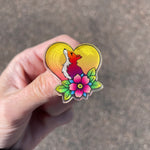 fox pin, vintage fox pin, acrylic pin, flower pin, heart pin, fox and heart pin, vintage pin, clothing pin