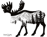 Moose with mountain range and crescent moon. Moose artwork, crescent moon drawing, mountains drawing, stars drawing, evergreen trees drawing, colorado artist, colorado art, colorado artwork, dotwork art, moose silhouette art