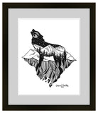 New Design (Mt. LEVAtation) : Wolf artwork, full moon, howling at the moon, mountains, stars, evergreen trees, colorado artist, colorado art, colorado artwork, dotwork, wolf silhouette, wolf howling at the moon on a floating island