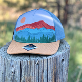 Colorado mountain trucker hat, CO mountain corduroy trucker hat, Colorado mountain hat, Colorado mountain suede leather hat, pinecone hat, pinecone trucker hat, Colorado hat, mountain hat, fall colors hat, embroidered mountain hat, corduroy trucker hat, custom pinecone hat, wearable art hat, Colorado peak headwear, Mt Elbert trucker hat, Longs Peak hat, topography snapback, adventure trucker hat, premium slate corduroy hat, Pukka custom hats, outdoor lifestyle cap, unique mountain apparel