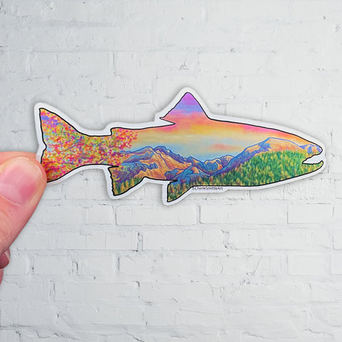 Rainbow Trout Sticker, trout sticker, fish sticker, mountain sticker, fall color sticker, fall sticker, colorado mountain sticker, longs peak sticker, half mountain sticker, glacier gorge sticker, bear lake sticker, estes park sticker, Rainbow Trout decal, trout decal, fish decal, mountain decal, fall color decal, fall decal, colorado mountain decal, longs peak decal, half mountain decal, glacier gorge decal, bear lake decal, estes park decal