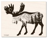Natural Maple Wood : Moose with mountain range and crescent moon. Moose artwork, crescent moon drawing, mountains drawing, stars drawing, evergreen trees drawing, colorado artist, colorado art, colorado artwork, dotwork art, moose silhouette art