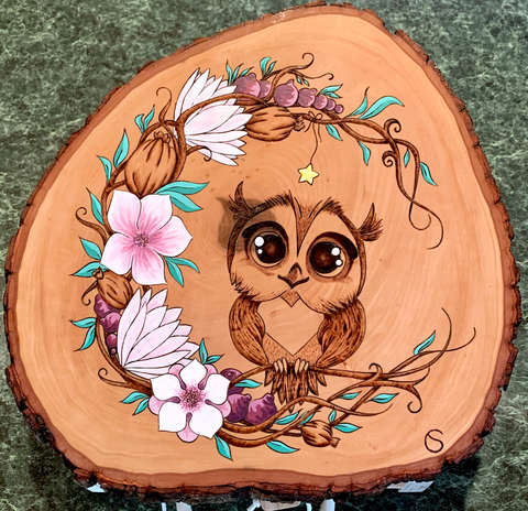pyrography art : personalized baby shower gift, baby owl, crescent moon and owl, hand painted, wood burned, pyrography art, baby owl drawing, baby owl and crescent moon drawing, baby owl and crescent moon wood burning, baby owl and crescent moon pyrography