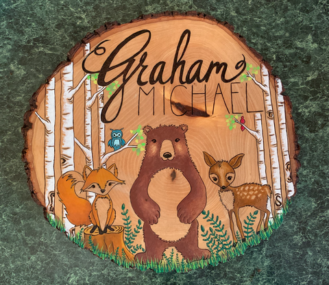 pyrography art : personalized baby shower gift, baby shower gift with baby forest animals wood burning, baby forest animals pyrography, aspen tree baby shower gift, baby forest animals shower gift, hand painted, pyrography art
