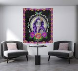 Day of the dead tapestry, Dia de Muertos tapestry, candy skull tapestry, sugar skull tapestry, American traditional woman tapestry, sailor jerry tapestry, old school tattoo tapestry, old school butterfly tapestry, old school roses tapestry, Santa Murete tapestry
