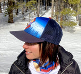 Colorado trucker hat, Telluride mountain art, Colorado flag hat, mountain sunrise hat, wearable mountain art, hidden under brim design, high country snapback, evergreen forest graphic hat, artistic snapback hat, Colorado outdoor apparel, unique mountain gifts