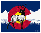 Deer with mountain range and stars. deer artwork, mountains, stars, evergreen trees, colorado artist, colorado art, colorado artwork, dotwork, deer silhouette, colorado flag, flag art, colorado flag artwork