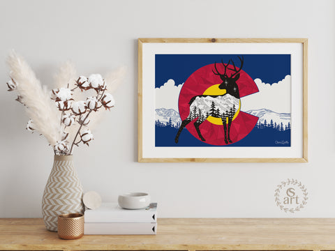 Deer with mountain range and stars. deer artwork, mountains, stars, evergreen trees, colorado artist, colorado art, colorado artwork, dotwork, deer silhouette, colorado flag, flag art, colorado flag artwork