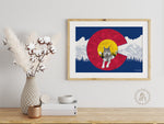 Wolf with mountain range and stars. wolf artwork, mountains, stars, evergreen trees, colorado artist, colorado art, colorado artwork, dotwork, deer silhouette, colorado flag, flag art, colorado flag artwork