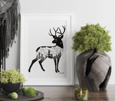 Deer with mountain range and stars. deer artwork, mountains drawing, stars, drawing evergreen trees drawing, colorado artist, colorado art, colorado artwork, dotwork art, elk art, elk drawing, deer silhouette art, buck silhouette art, doe silhouette art