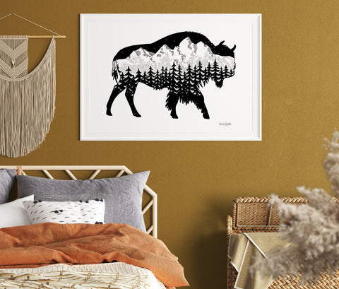 Buffalo drawing, bison with the Grand Teton mountain range inside. Can you find the big dipper? colorado artist, colorado art, colorado artwork, montana art, tetons drawing, buffalo silhouette drawing, bison silhouette art, buffalo art, bison art, buffalo artwork, bison artwork, black and white buffalo art, black and white buffalo artwork, black and white buffalo drawing