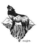 New Design (Mt. LEVAtation) : Wolf artwork, full moon, howling at the moon, mountains, stars, evergreen trees, colorado artist, colorado art, colorado artwork, dotwork, wolf silhouette, wolf howling at the moon on a floating island