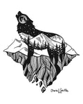 Mt. LEVAtation : Wolf artwork, full moon drawing, howling at the moon, drawing mountains drawing, stars drawing, evergreen trees drawing, colorado artist, colorado art, colorado artwork, dotwork art, wolf silhouette art, wolf howling at the moon on a floating island drawing, line art mountains, line art drawing