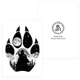 Wolf Paw Greeting Card: features a wolf paw with a wolf howling at a full moon with a hidden big & little dipper; wolf howling at the moon, colorado mountains, constellation, big dipper and little dipper constellation, wolf silhouette, wolf paw silhouette, wolf footprint silhouette, Wolf Paw Silhouette Greeting Card, Wolf Paw Silhouette card