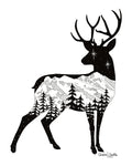 Deer with mountain range and stars. deer artwork, mountains drawing, stars, drawing evergreen trees drawing, colorado artist, colorado art, colorado artwork, dotwork art, elk art, elk drawing, deer silhouette art, buck silhouette art, doe silhouette art