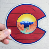 Colorado Flag C with Garden of the Gods and Wood Grain, pikes peak, colorado springs, colorado flag c, colorado flag sticker, colorado flag slap