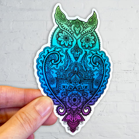 Owl with mandala, henna and paisley inside.  Can you find the hidden star?  owl sticker, owl decal, owl computer sticker, owl laptop sticker, owl car sticker, henna sticker, mandala sticker