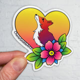 fox decal, vintage fox sticker, fox sticker, american traditional flower sticker, heart sticker, fox and heart sticker, vintage sticker, tattoo fox sticker, fox tattoo sticker