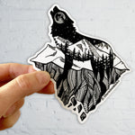 Mt. LEVAtation Sticker : Wolf silhouette on floating mountain island sticker, wolf silhouette sticker, wolf howling sticker, floating mountain sticker, wolf sticker, wolf silhouette sticker, full moon sticker, vinyl wolf sticker, mountain sticker, colorado sticker, dog sticker, floating forest sticker, floating island sticker