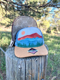 Colorado Mountain Trucker Hat, CO Mountain Corduroy Trucker Hat, Colorado Mountain Hat, Colorado Mountain Suede Leather Hat, pinecone hat, pinecone trucker hat, Colorado Hat, Mountain Hat, Fall Colors Hat