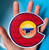 Colorado Flag C with Garden of the Gods and Wood Grain, colorado flag sticker, colorado flag slap