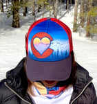 Colorado Love Trucker Hat; Colorado Flag, Colorado Art, Colorado Artwork, Wood grain C with Heart and mountains