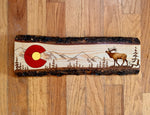 colorado flag, colorado flag with elk, colorado flag with deer, colorado flag with moose, colorado flag with mountain, pyrography art, wood burning art, hand painted