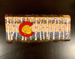 colorado flag with aspen trees, colorado flag with blue bonnets, colorado flag with mountains, colorado flag with aspen leaf, colorado flag with fall colors, pyrography art, hand painted, wood burning art