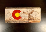 colorado flag with moose, colorado flag with mountain, pyrography art, hand painted, wood burning art