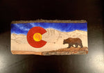 colorado flag with bear, colorado flag with night sky, colorado flag with galaxy, colorado flag with blood moon, pyrography art, hand painted, wood burning art