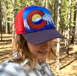 Colorado Mountains Trucker Hat; Colorado Flag, Colorado Art, Colorado Artwork, Wood grain C and mountains