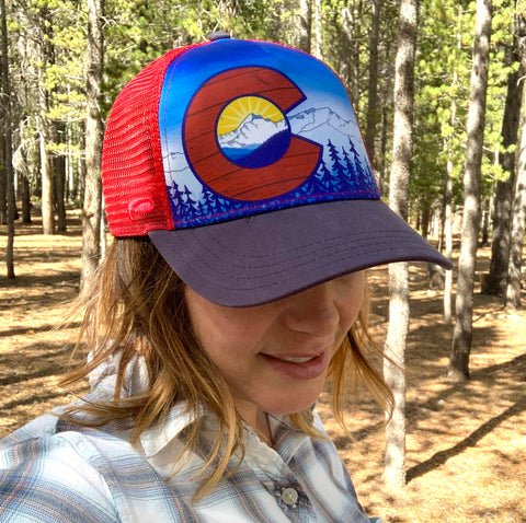 Colorado Mountains Trucker Hat; Colorado Flag, Colorado Art, Colorado Artwork, Wood grain C and mountains