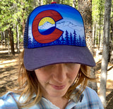 Colorado Mountains Trucker Hat; Colorado Flag, Colorado Art, Colorado Artwork, Wood grain C and mountains