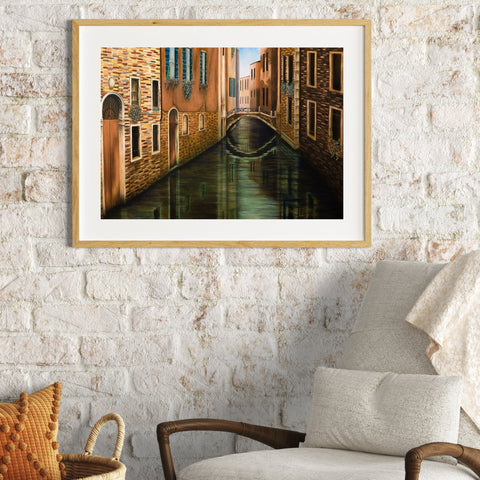 Venice canal painting, Venice Italy wall art, Venetian architecture artwork, romantic European cityscape, Italy travel art print, canal scene painting, Venice summer artwork, peaceful waterway painting, Italian architecture art, framed Venice art print, romantic travel art, old world charm painting, European canal wall decor, serene Venice painting, hand-painted Venice artwork, cityscape fine art print, picturesque Italian scene, romantic bridge artwork, historic Venice canal, August in Venice art