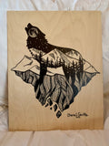 Mt. LEVAtation : Wolf artwork, full moon drawing, howling at the moon, drawing mountains drawing, stars drawing, evergreen trees drawing, colorado artist, colorado art, colorado artwork, dotwork art, wolf silhouette art, wolf howling at the moon on a floating island drawing, line art mountains, line art drawing