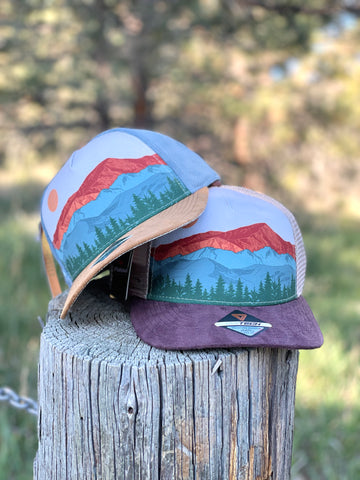 Colorado Mountain Trucker Hat, CO Mountain Corduroy Trucker Hat, Colorado Mountain Hat, Colorado Mountain Suede Leather Hat, pinecone hat, pinecone trucker hat, Colorado Hat, Mountain Hat, Fall Colors Hat