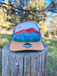 Colorado Mountain Trucker Hat, CO Mountain Corduroy Trucker Hat, Colorado Mountain Hat, Colorado Mountain Suede Leather Hat, pinecone hat, pinecone trucker hat, Colorado Hat, Mountain Hat, Fall Colors Hat