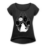 Women's Roll Cuff T-Shirt (50/50) : Wolf Paw with Wolf Howling at the Moon - heather black; wolf paw shirt, wolf shirt, wolf howling at the moon shirt, full moon shirt, dog paw shirt, paw print shirt