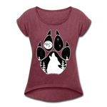 Women's Roll Cuff T-Shirt (50/50) : Wolf Paw with Wolf Howling at the Moon - heather burgundy; wolf paw shirt, wolf shirt, wolf howling at the moon shirt, full moon shirt, dog paw shirt, paw print shirt