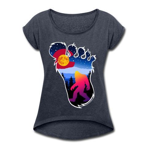 Women's Roll Cuff T-Shirt (50/50) : Colorful Colorado Bigfoot (Level X Hide N Seek Master) - navy heather; Colorado Flag with a colorful big foot (yeti) walking in the forest at night. The mountain range is Pikes Peak in Colorado Springs. Colorado flag t-shirt, yeti t-shirt, big foot t-shirt, Bigfoot t-shirt, big foot shirt, yeti shirt, blood moon colorado flag