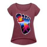 Women's Roll Cuff T-Shirt (50/50) : Colorful Colorado Bigfoot (Level X Hide N Seek Master) - heather burgundy; Colorado Flag with a colorful big foot (yeti) walking in the forest at night. The mountain range is Pikes Peak in Colorado Springs. Colorado flag t-shirt, yeti t-shirt, big foot t-shirt, Bigfoot t-shirt, big foot shirt, yeti shirt, blood moon colorado flag