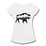 Women's Roll Cuff T-Shirt (50/50) : Teton Buffalo - white; Buffalo t-shirt, buffalo shirt, bison shirt, bison t-shirt, Buffalo Silhouette shirt, buffalo silhouette t-shirt, grand teton shirt, grand teton t-shirt, constellation shirt, constellation t-shirt, mountain shirt, mountain t-shirt