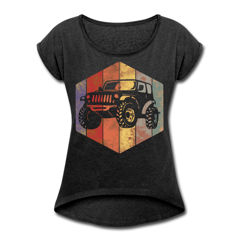 Women's Roll Cuff T-Shirt : Rainbow Jeep - heather black; Jeep t-shirt, Jeep Shirt, Jeep T, Jeep Girl shirt, Jeep Girl t-shirt, Overland Jeep Shirt, Overland Jeep T-Shirt, Rainbow Jeep T-Shirt, Rainbow Jeep Shirt, Jeep Lover Shirt, Jeep Lover T-Shirt