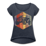 Women's Roll Cuff T-Shirt : Rainbow Jeep - navy heather; Jeep t-shirt, Jeep Shirt, Jeep T, Jeep Girl shirt, Jeep Girl t-shirt, Overland Jeep Shirt, Overland Jeep T-Shirt, Rainbow Jeep T-Shirt, Rainbow Jeep Shirt, Jeep Lover Shirt, Jeep Lover T-Shirt