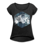 Women's Roll Cuff T-Shirt : Blue & White Jeep - heather black; Jeep t-shirt, Jeep Shirt, Jeep T, Jeep Girl shirt, Jeep Girl t-shirt, Overland Jeep Shirt, Overland Jeep T-Shirt, Blue and White Jeep T-Shirt, Blue and White Jeep Shirt, Jeep Lover Shirt, Jeep Lover T-Shirt
