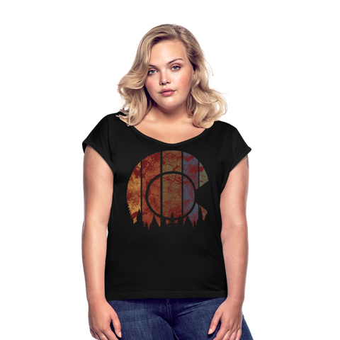 Women's Roll Cuff T-Shirt : Rusted Colorful Colorado Flag with Cutout Trees - black; rusted colorado flag shirt, rusted colorado flag t-shirt, grunge colorado flag shirt, grunge colorado flag t-shirt, colorado flag shirt, colorado flag t-shirt, colorado pride shirt, colorado pride t-shirt